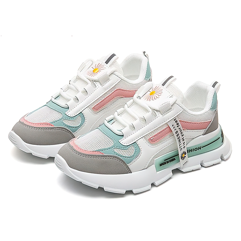 Stylish female lace-up sneakers in white, pink, and mint, perfect casual sports shoes for spring and autumn.