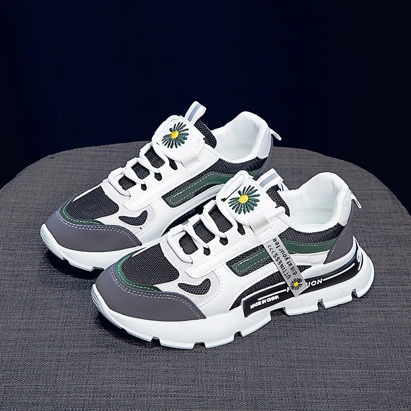 Female lace-up sneakers with daisy design, casual sporty style, thick bottom, perfect for spring and autumn wear.
