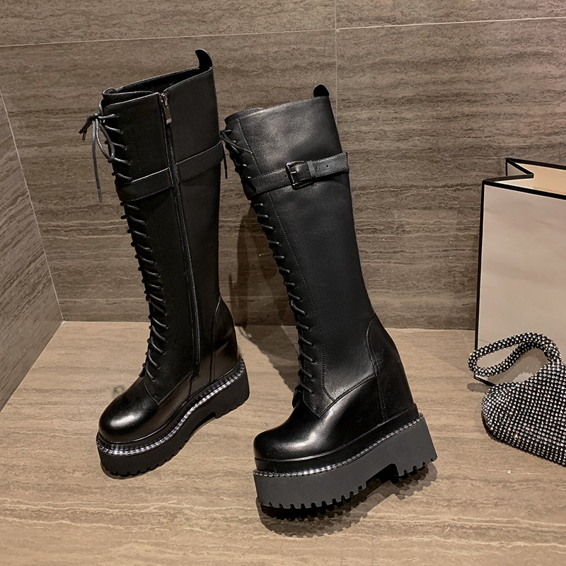 Female Knee-High Platform Boots In Goth Style / Lace-Up Chunky Women's Shoes With Metal Decoration - HARD'N'HEAVY