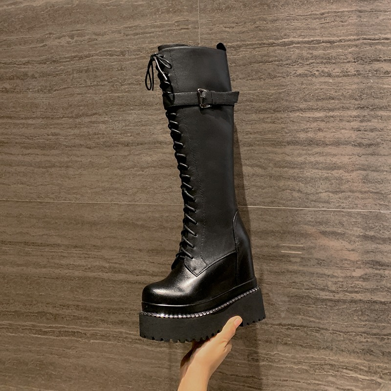 Female Knee-High Platform Boots In Goth Style / Lace-Up Chunky Women's Shoes With Metal Decoration - HARD'N'HEAVY