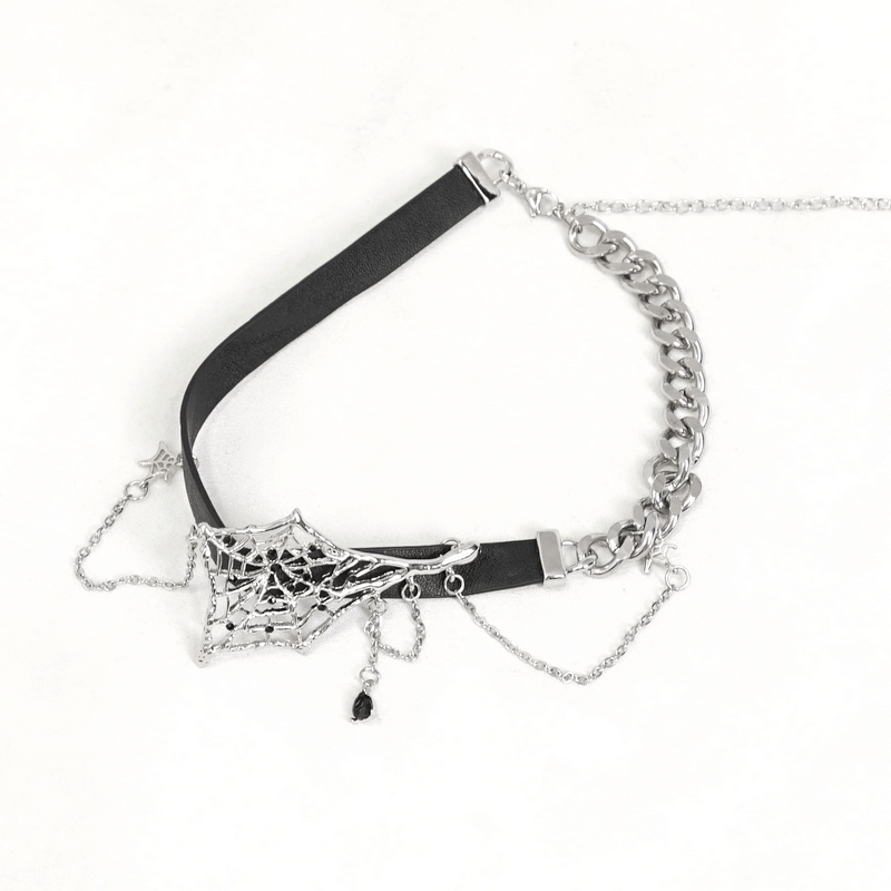 Female Leather Choker with Asymmetrical Spider Web / Gothic Black Choker with Silver Chain