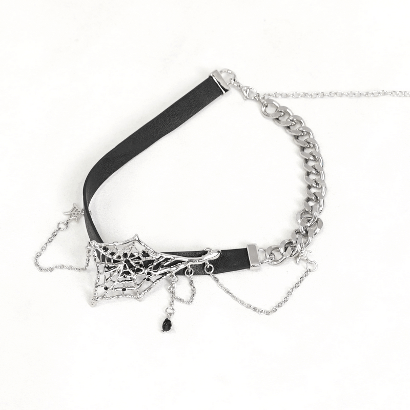 Gothic black leather choker with asymmetrical spider web and silver chain accents, perfect for stylish accessories.