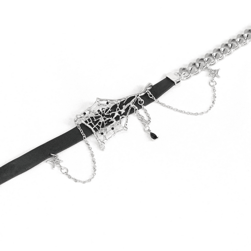 Gothic female leather choker with asymmetrical spider web design and silver chains, perfect for edgy outfits.