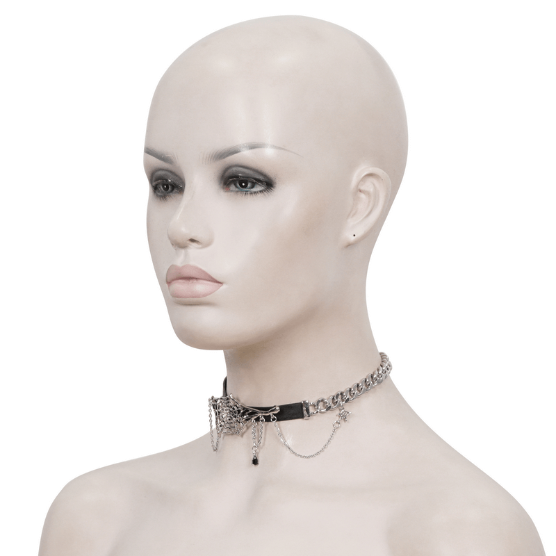 Female leather choker with asymmetrical spider web design and silver chain, showcased on a mannequin.