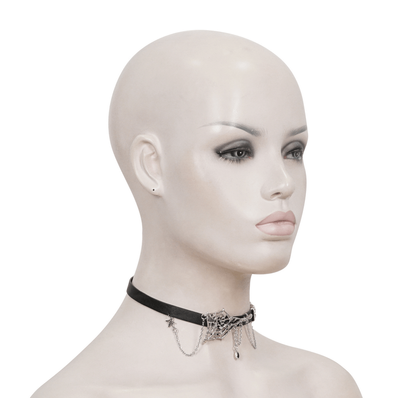 Female Leather Choker with Asymmetrical Spider Web / Gothic Black Choker with Silver Chain