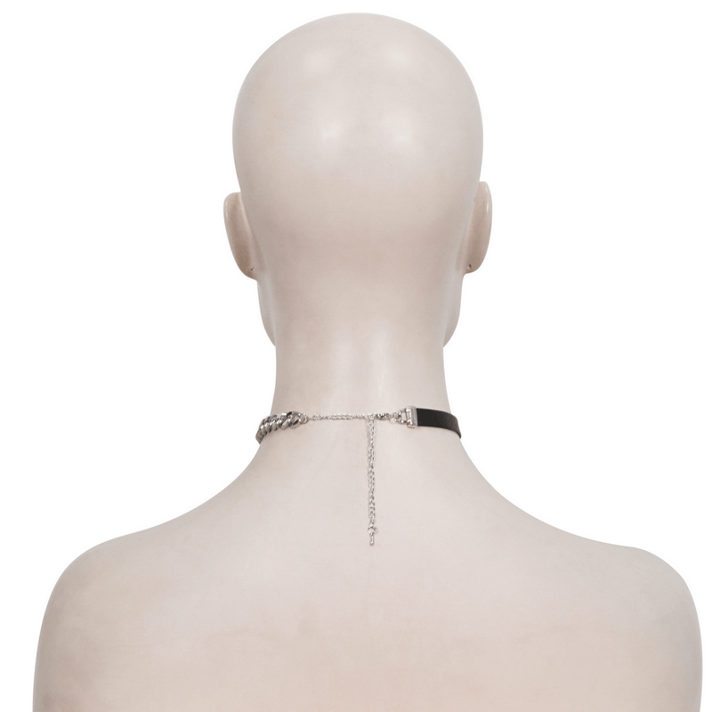 Back view of a female mannequin wearing a gothic black leather choker with asymmetrical spider web design and silver chain.