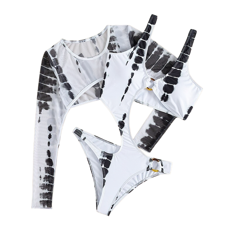 One-piece female monokini with long sleeves and high cut, stylish tie-dye design perfect for summer.