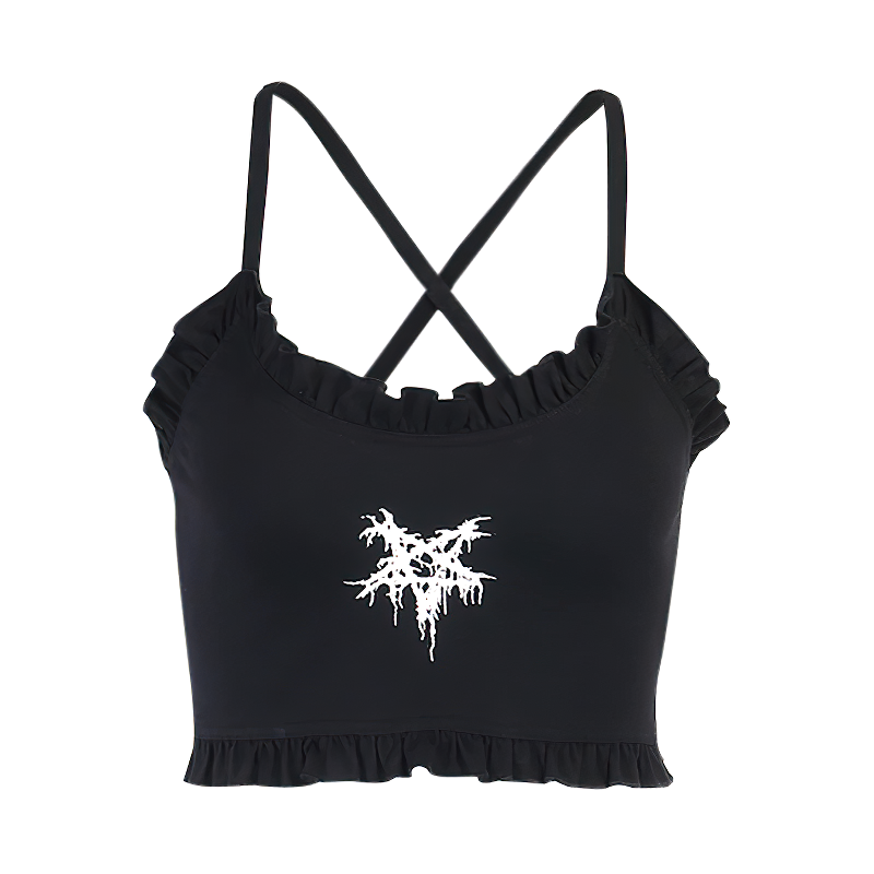 Female Pentagram Print Summer Top / Spaghetti Straps Backless Gothic Streetwear - HARD'N'HEAVY