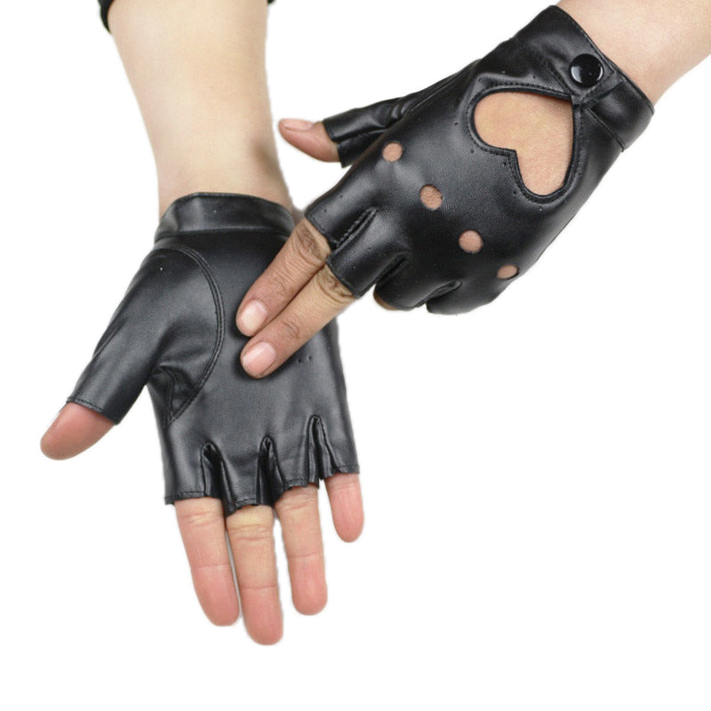 Punk rock semi-finger gloves in stylish black PU leather, featuring hollow heart and button for alternative fashion lovers.