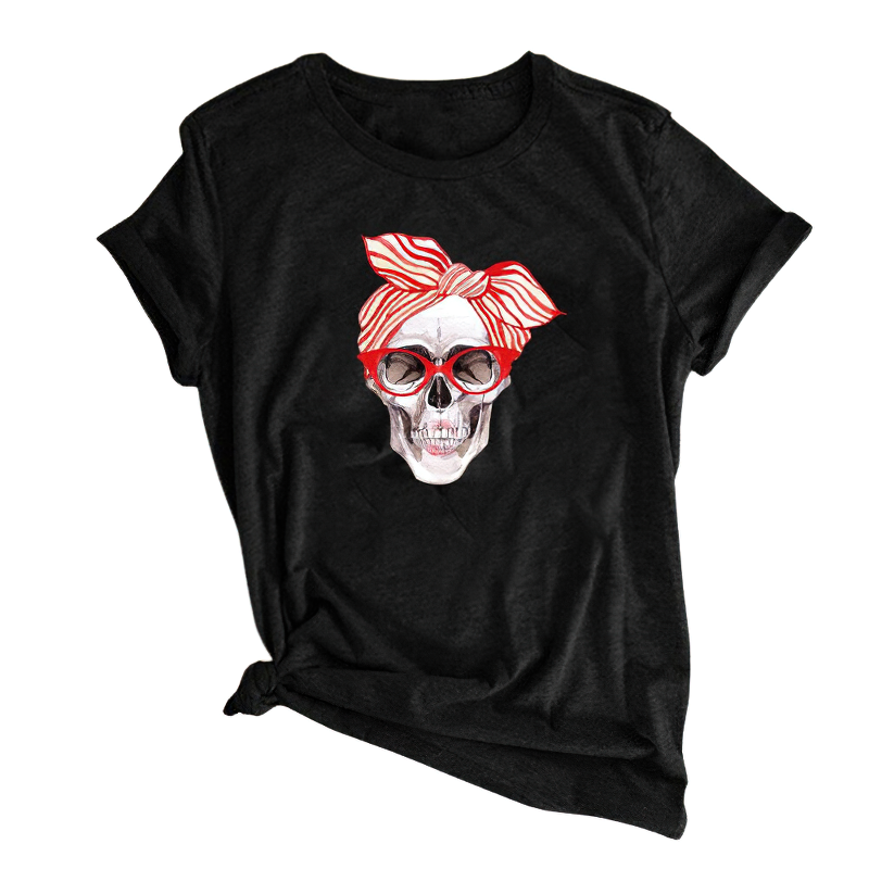 Female Rock Style Short Sleeve T-Shirt / Stylish Casual Clothing With Skull Print - HARD'N'HEAVY