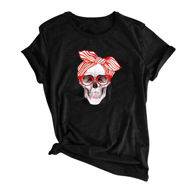 Stylish black short sleeve t-shirt featuring a colorful skull print with a bow, perfect for casual rock style outfits.