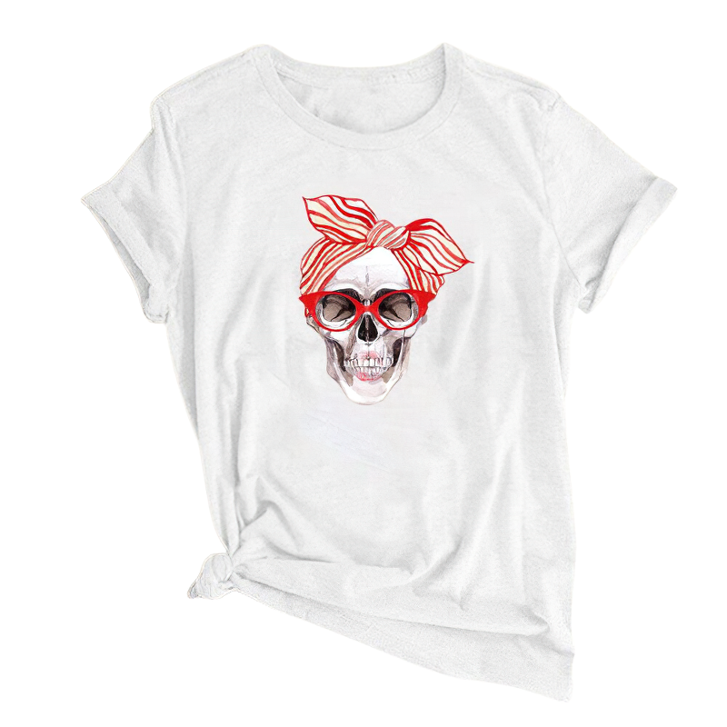 Female Rock Style Short Sleeve T-Shirt / Stylish Casual Clothing With Skull Print - HARD'N'HEAVY