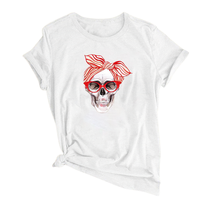 Stylish women's skull t-shirt in white with a colorful skull print and trendy bow, perfect for casual wear.