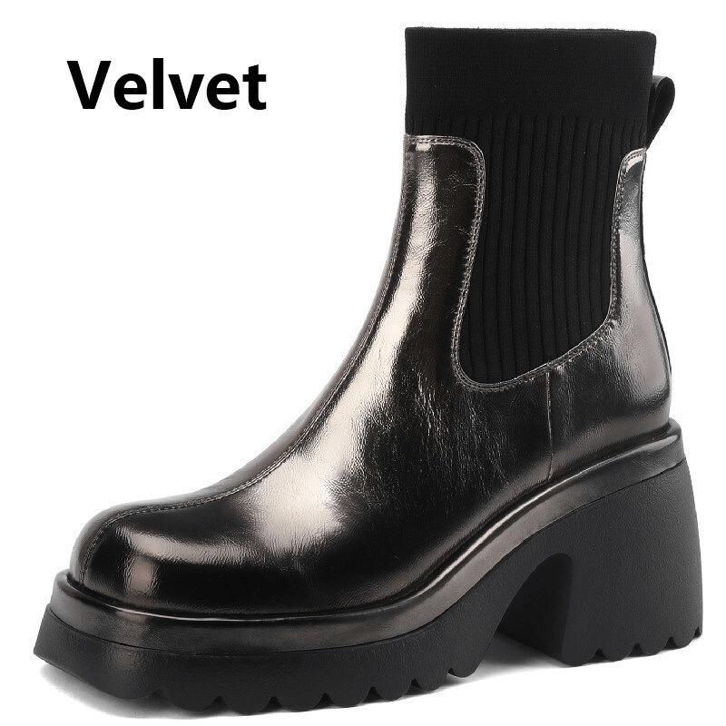 Female Round Toe Genuine Leather Ankle Boots / Stylish Platform Thick Mid Heels Shoes