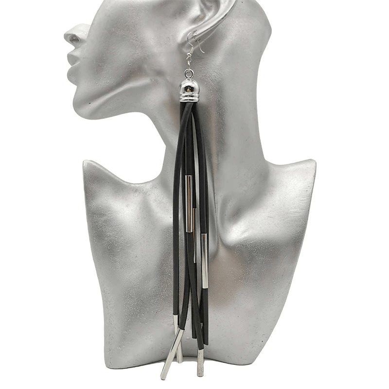 Stylish handmade long black rubber earrings for women, perfect punk jewelry accessory.