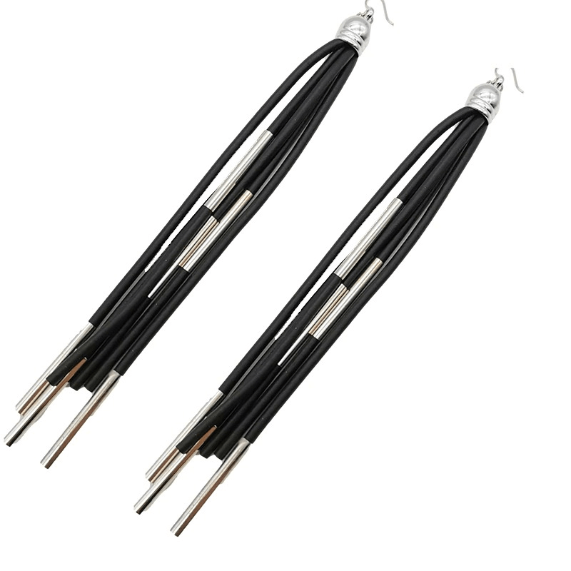 Stylish black rubber long earrings, handmade punk jewelry, perfect for edgy fashion enthusiasts.
