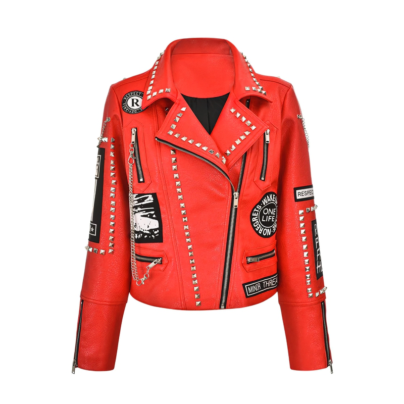 Female Soft Pu Leather Jacket with Rivets Beading / Cropped Outerwear for Women - HARD'N'HEAVY