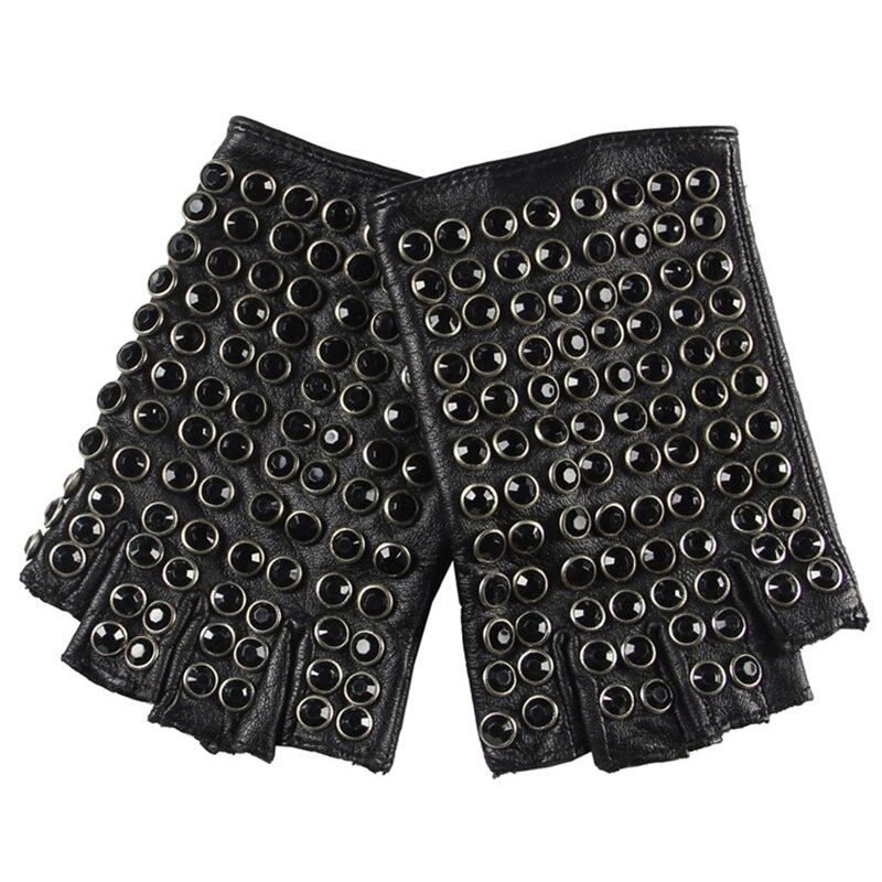 Semi-finger black leather gloves decorated with shiny rhinestones for a bold punk style look.