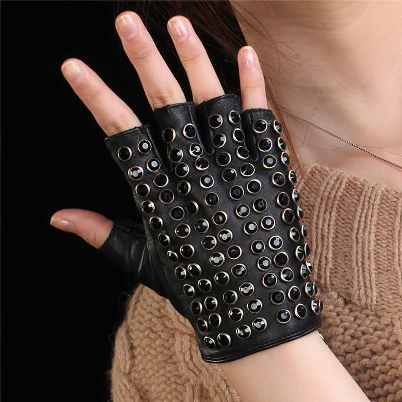 Punk style semi-finger leather gloves with black rhinestones, perfect for spring and autumn fashion.