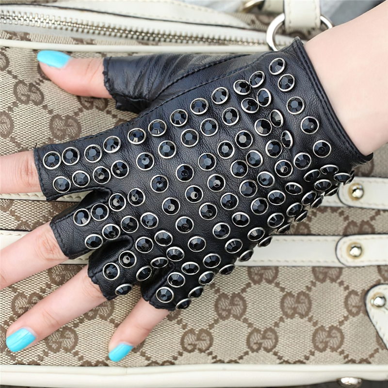 Punk-style semi-finger leather gloves with black rhinestones, perfect for spring and autumn outfits.