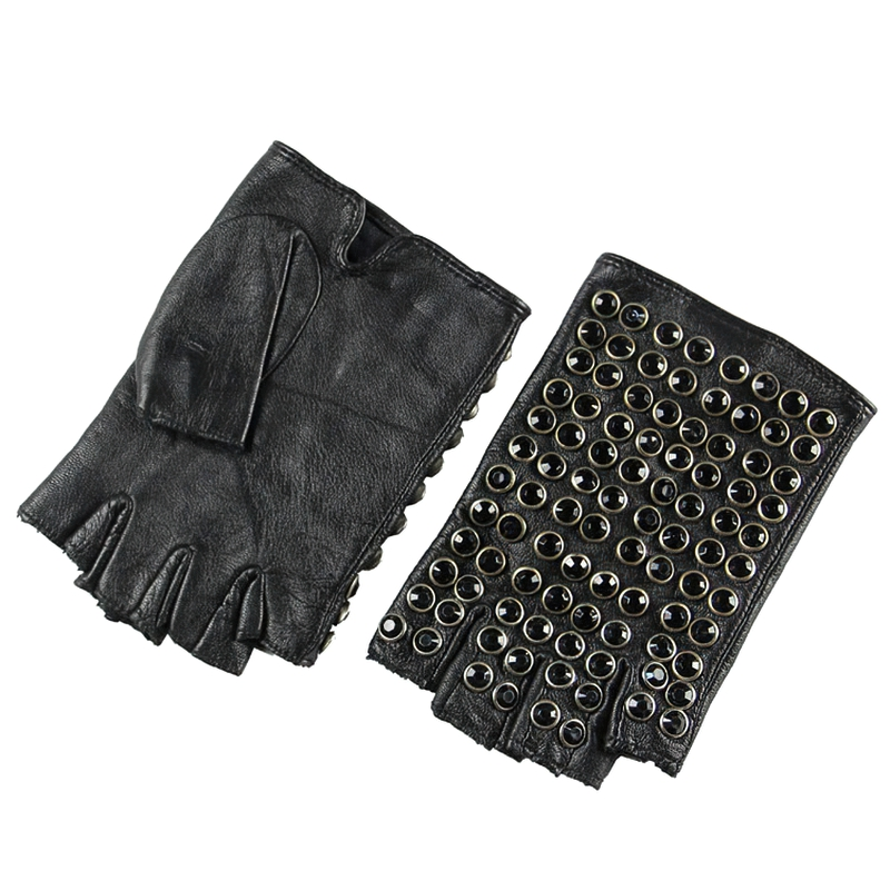Punk style semi-finger leather gloves with rhinestones, perfect for spring and autumn fashion.