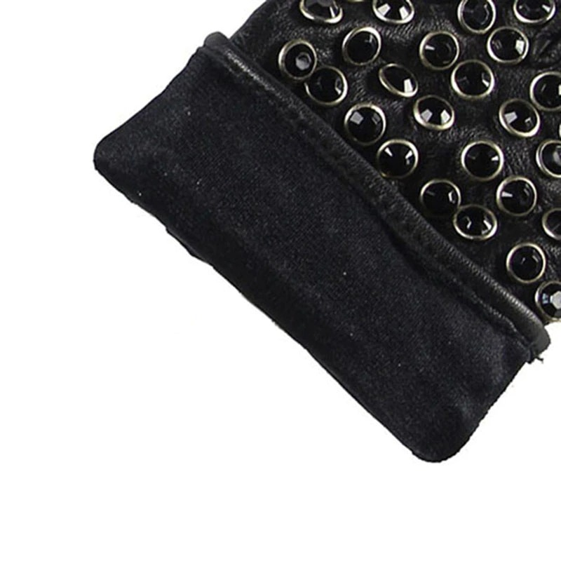 Female Spring Autumn Leather Gloves / Semi-Finger Gloves with Rhinestones in Punk style - HARD'N'HEAVY