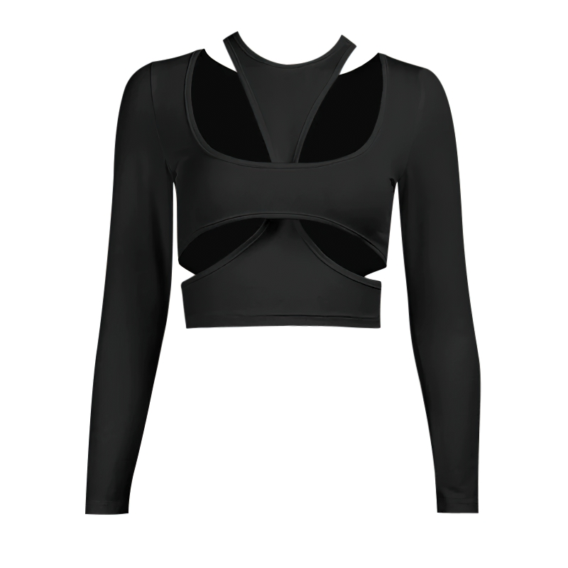 Female Stylish Gothic Black Top Of Cut Out / Women Crop Streetwear Long Sleeve - HARD'N'HEAVY