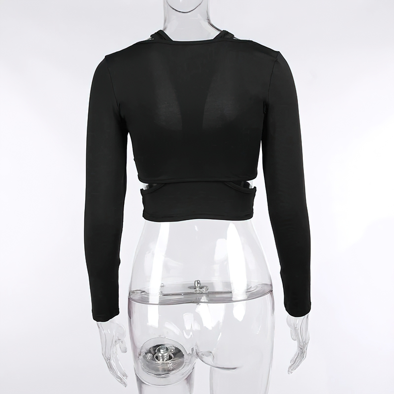 Female Stylish Gothic Black Top Of Cut Out / Women Crop Streetwear Long Sleeve - HARD'N'HEAVY