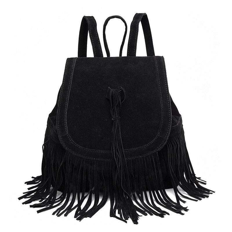 Black suede backpack with stylish tassels, perfect for grunge fashion and everyday wear.