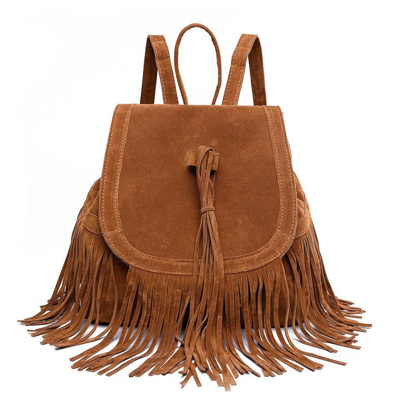 Stylish brown suede tassel backpack for women, perfect for everyday outfits with a unique grunge flair.