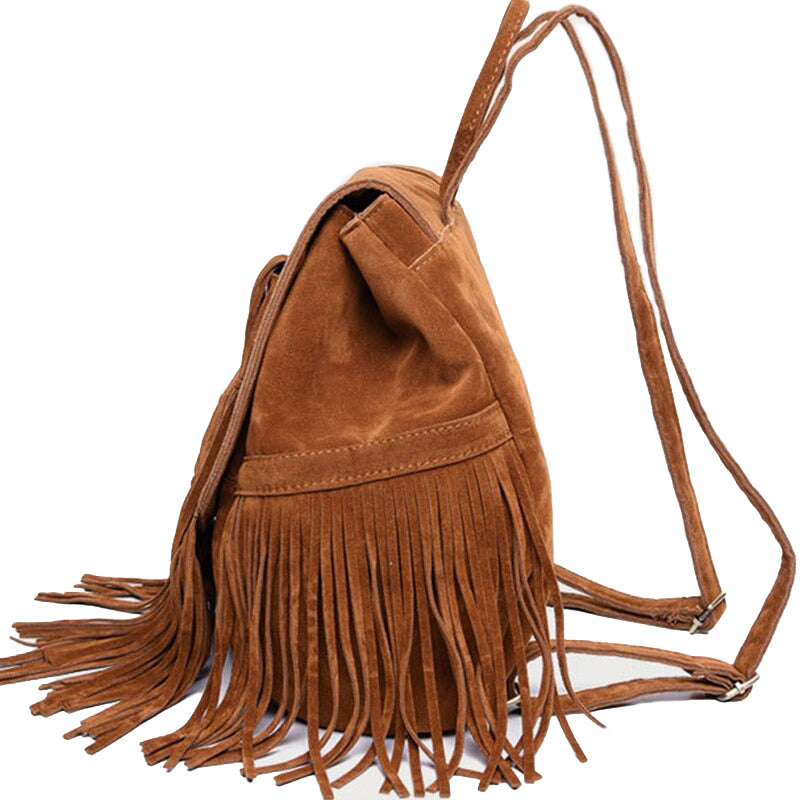 Stylish brown suede backpack with fringe tassels, perfect for women who love unique fashion accessories.