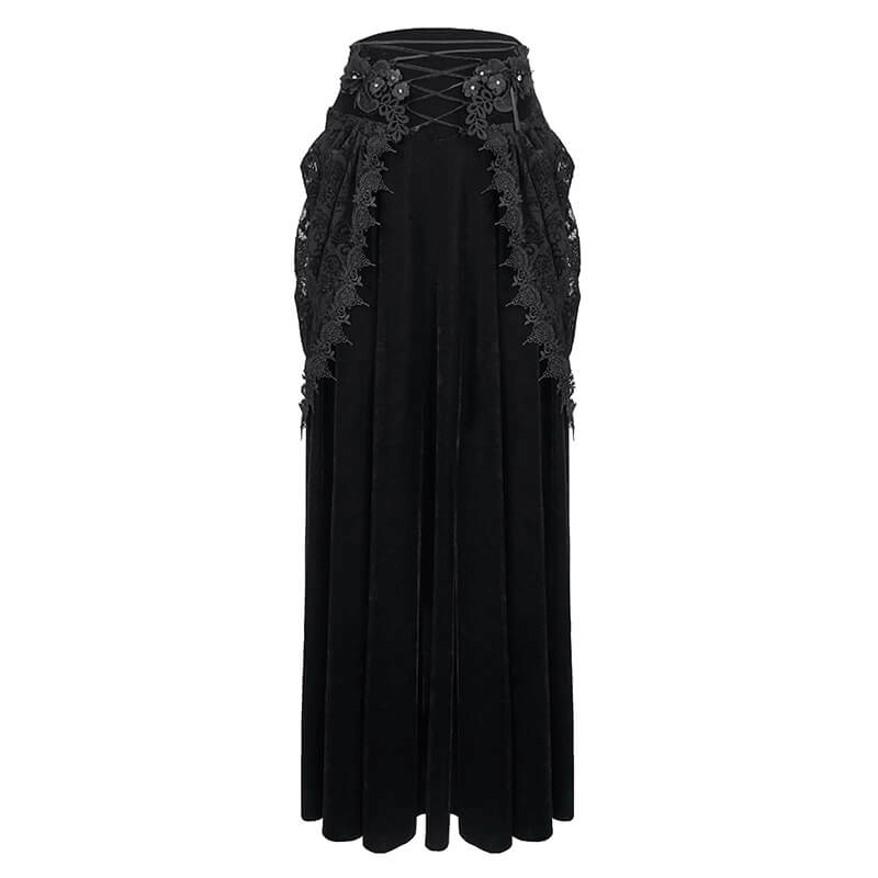 Elegant black vintage gothic velvet skirt with lace and 3D flowers, perfect for a stylish gothic wardrobe.