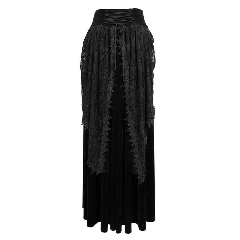 Vintage gothic black velvet lace long skirt with 3D flower details, perfect for a stylish Gothic wardrobe.