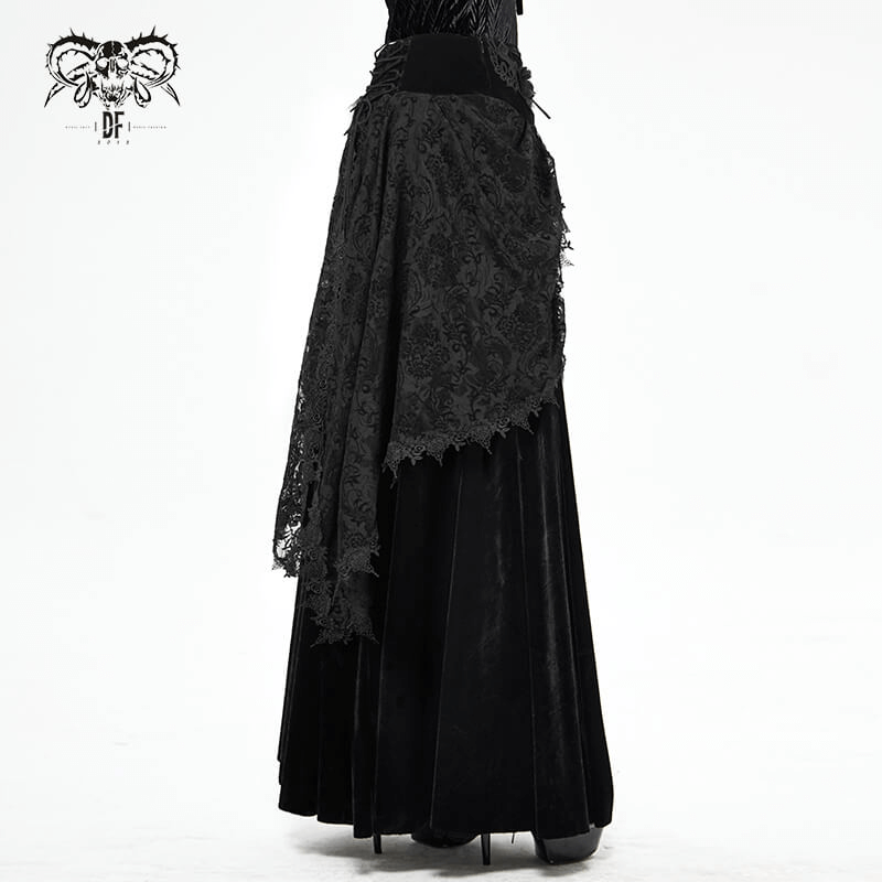 Elegant black velvet vintage gothic skirt with lace detailing, perfect for a stylish gothic wardrobe.