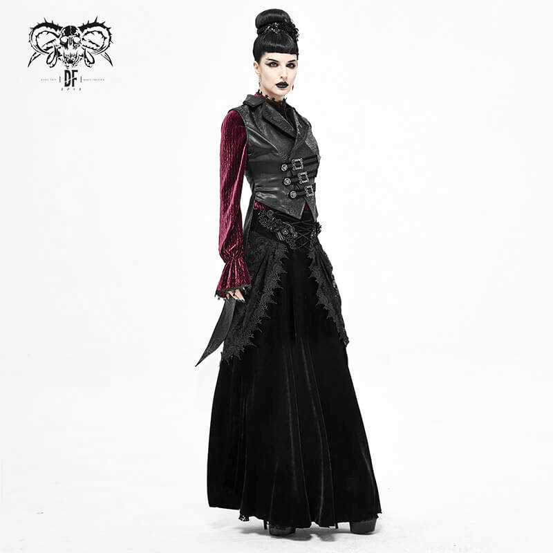 Female model wearing a vintage gothic velvet lace long skirt and stylish vest, showcasing gothic fashion.