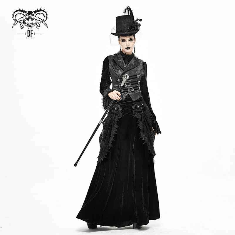 Gothic model wearing a black vintage velvet skirt with lace details and a stylish top hat, showcasing a chic gothic style.