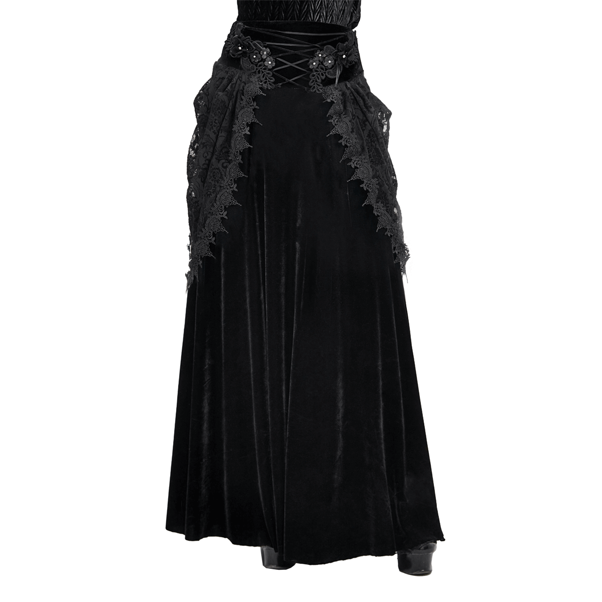 Female Vintage Gothic Velvet Lace Long Skirt / Women's Black Skirt with 3D Flowers - HARD'N'HEAVY