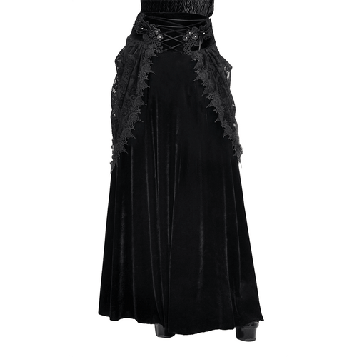 Weiblicher Vintage Gothic Samt Spitze Langer Rock / Damen Schwarzer Rock mit 3D Blumen