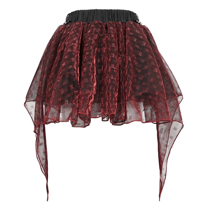Wine red irregular layered mesh skirt with an elastic waistband, perfect for grunge style outfits.