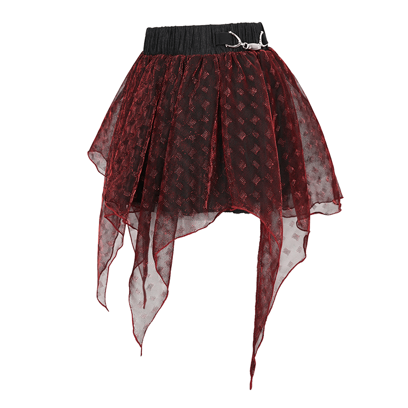 Wine red irregular layered mesh skirt with elastic waistband, perfect for a grunge style look.