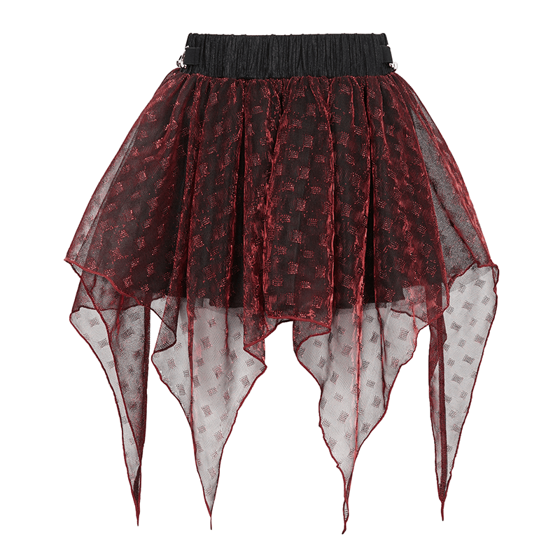 Stylish wine red irregular layered mesh skirt with elastic waistband for a grunge-inspired look.