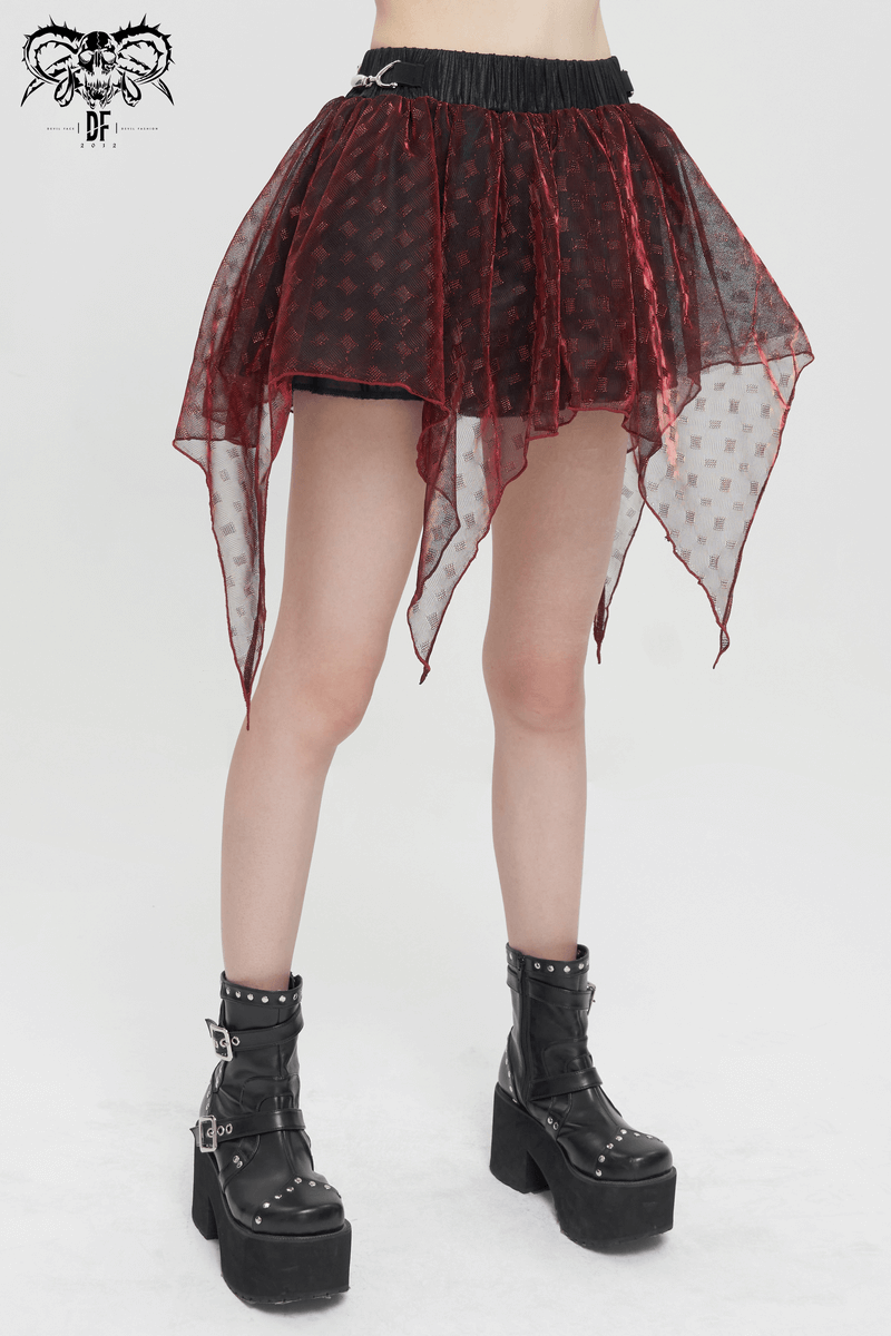 Stylish women's wine red irregular layered mesh skirt in grunge style, featuring an elastic waistband and lightweight fabric.