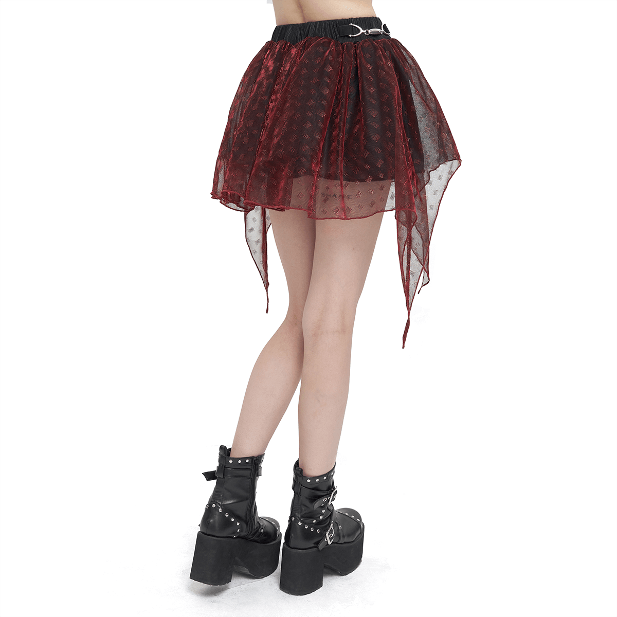 Female Wine Red Irregular Layered Mesh Skirt / Grunge Style Short Skirt with Elastic Waistband