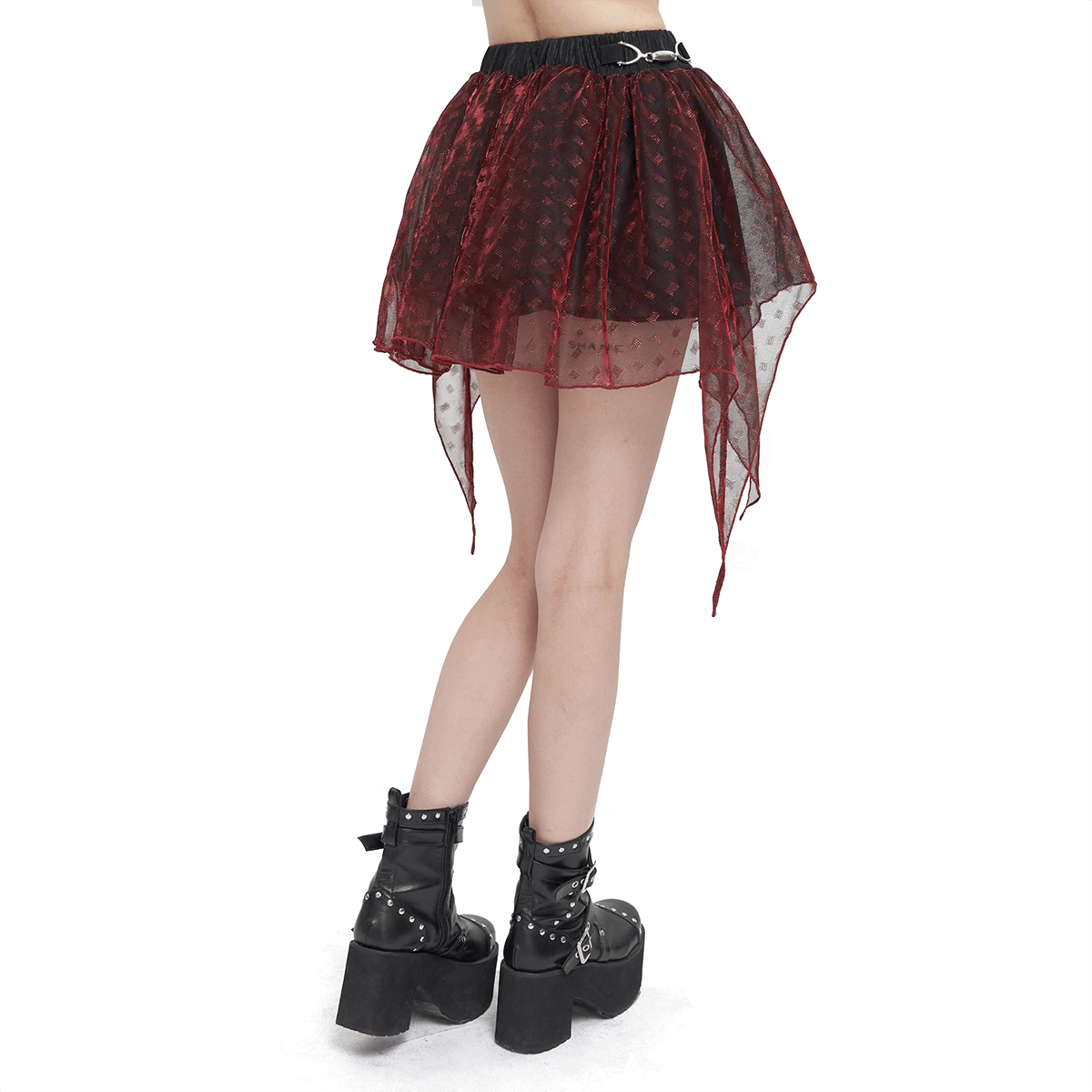 Women’s wine red irregular layered mesh skirt with elastic waistband, perfect for a grunge style look.