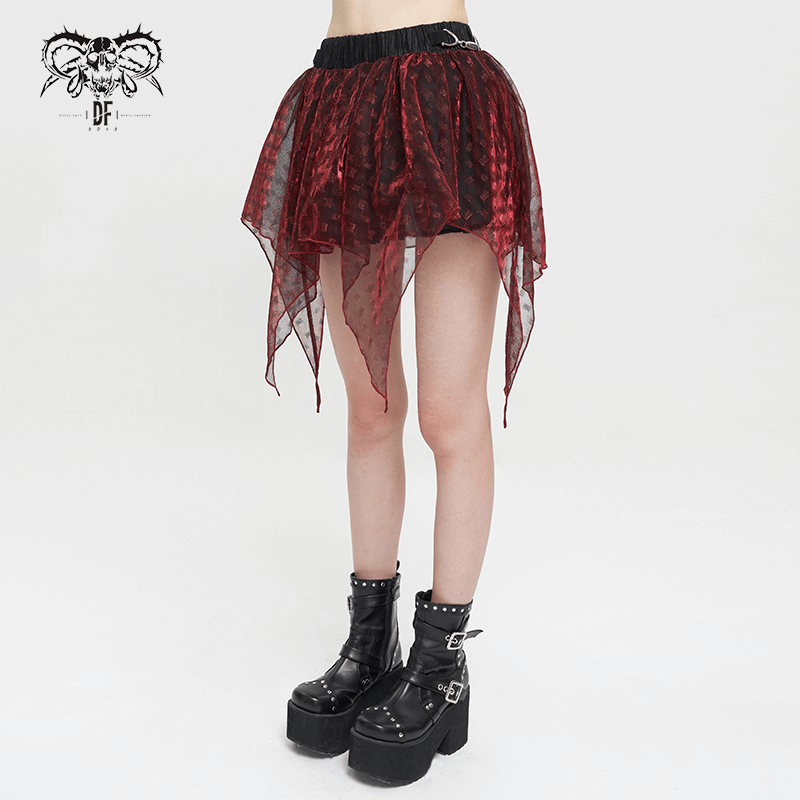 Women's wine red irregular layered mesh skirt with elastic waistband, perfect for a grunge style outfit.