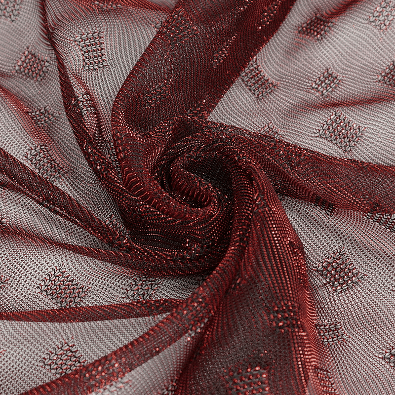 Close-up of wine red mesh fabric with a delicate pattern, perfect for a stylish grunge layered skirt.