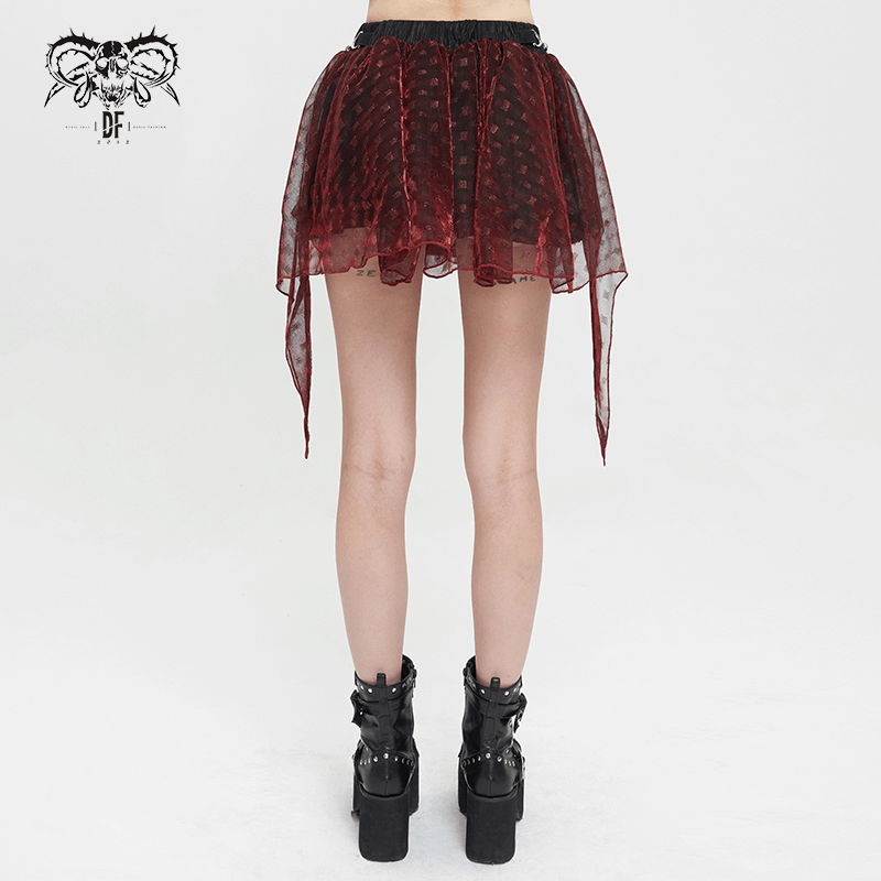 Female Wine Red Irregular Layered Mesh Skirt / Grunge Style Short Skirt with Elastic Waistband
