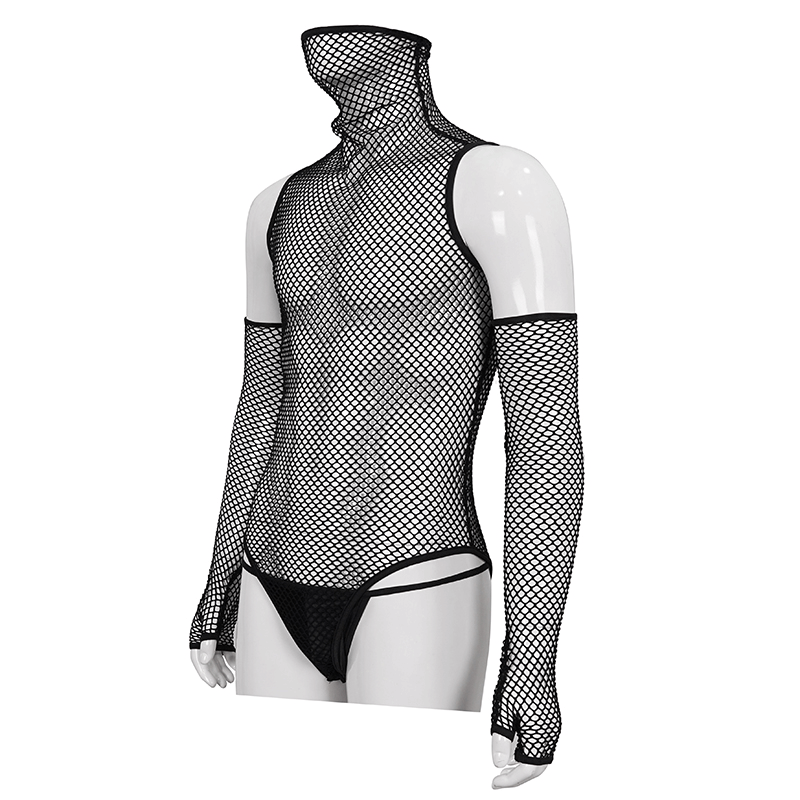 Stylish black elastic mesh bodysuit for men with high collar and gloves, perfect for punk fashion.