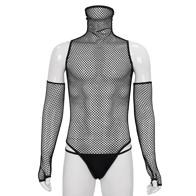 Stylish black elastic mesh high collar bodysuit with gloves for men, perfect for punk outfits.