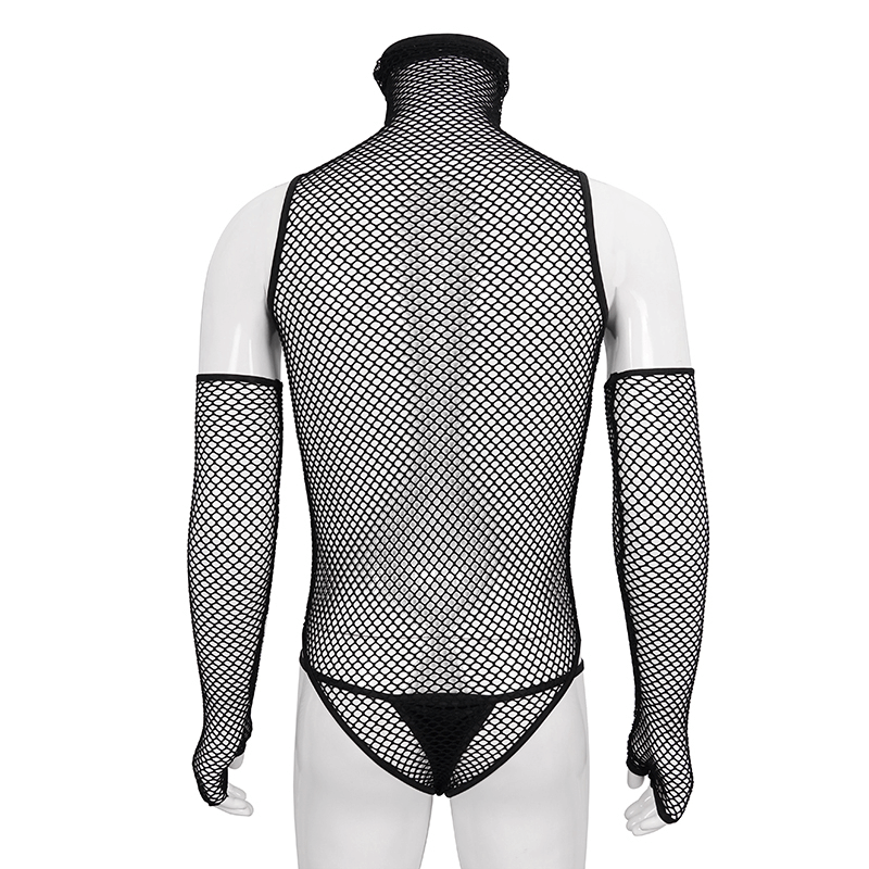 Back view of a black elastic mesh high collar bodysuit for men with long sleeves and gloves, perfect for punk style outfits.